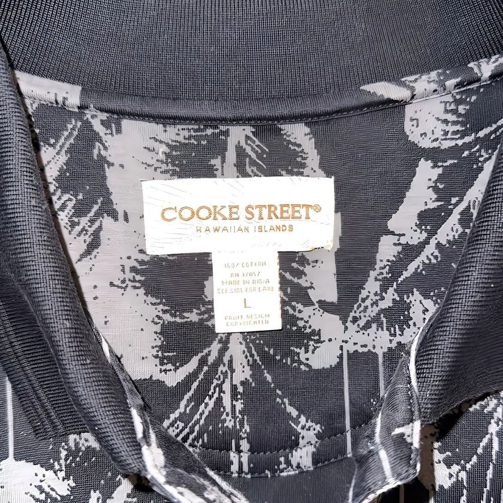 Cooke Street Hawaiian Islands Polo Men’s Size L | Black Tropical Leaf Print |